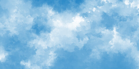 Wall Mural -  Cloudy sky blue watercolor background. Clear blue sky with puffy natural clouds. Brush strokes on white paper background. Watercolor splash template.