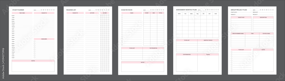 Study Planning Pages Planner Sheet Design Template Set of 5 pages for ...