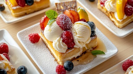 Poster - A flat lay of honey toast with a rich golden crust, topped with fresh fruits and ice cream, arranged beautifully on a light wooden table for an inviting dessert presentation.