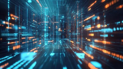 Poster - a futuristic digital environment with glowing blue and orange lines representing data flow and techn