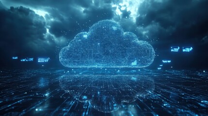 Poster - A digital cloud icon surrounded by data streams and a futuristic atmosphere, symbolizing cloud computing and technology.