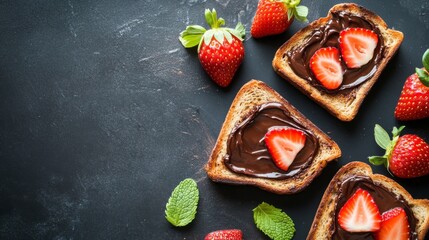 Poster - A flat lay of toasted bread with a layer of rich chocolate spread, topped with fresh strawberries and mint leaves, creating an appealing and indulgent breakfast scene.