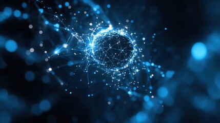 Poster - A glowing, interconnected sphere surrounded by blue light and particles, representing a futuristic or digital concept.