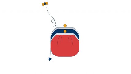Poster - Empty coin purse with dangling spider and bug flying away 2D cartoon object animation. Poverty, financial hardship. Money trouble wallet animated flat colorful item 4K video isolated on white