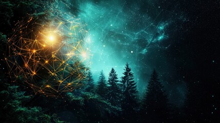 Wall Mural - a glowing sphere of light is surrounded by trees in a dark forest