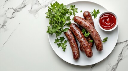 Poster - A minimalist presentation of sausages arranged neatly on a white plate, garnished with fresh herbs and accompanied by a small bowl of ketchup on a marble countertop.
