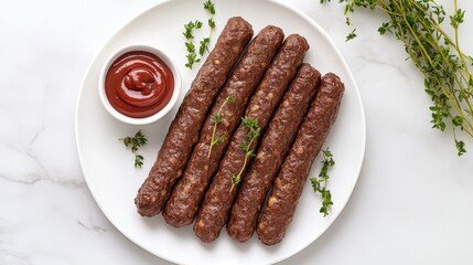 Poster - A minimalist presentation of sausages arranged neatly on a white plate, garnished with fresh herbs and accompanied by a small bowl of ketchup on a marble countertop.