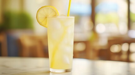 Poster - A minimalist shot of a glass of iced lemonade on a marble countertop, with sunlight streaming through the window, showcasing the drink's vibrant color and clarity.