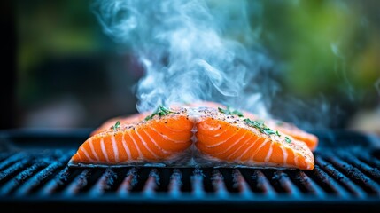 Poster - A minimalist shot of a single salmon steak sizzling on a grill, with smoke rising and a light sear on the fish, set against a blurred outdoor background.
