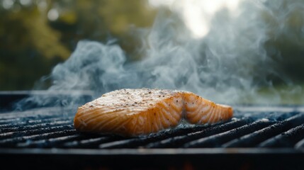 Poster - A minimalist shot of a single salmon steak sizzling on a grill, with smoke rising and a light sear on the fish, set against a blurred outdoor background.
