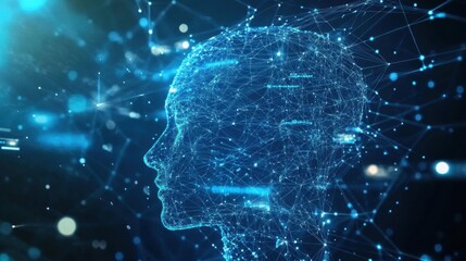 Poster - A digital representation of a human head, composed of interconnected blue lines and nodes, symbolizing technology and artificial intelligence.