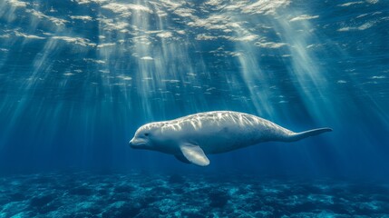 Poster - A panoramic view of a dugong swimming gracefully through the open ocean, with rays of sunlight penetrating the surface, enhancing the tranquility of the scene.