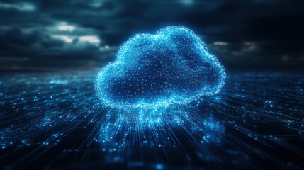 Poster - a glowing digital cloud is depicted against a dark, moody background, symbolizing technology and dat