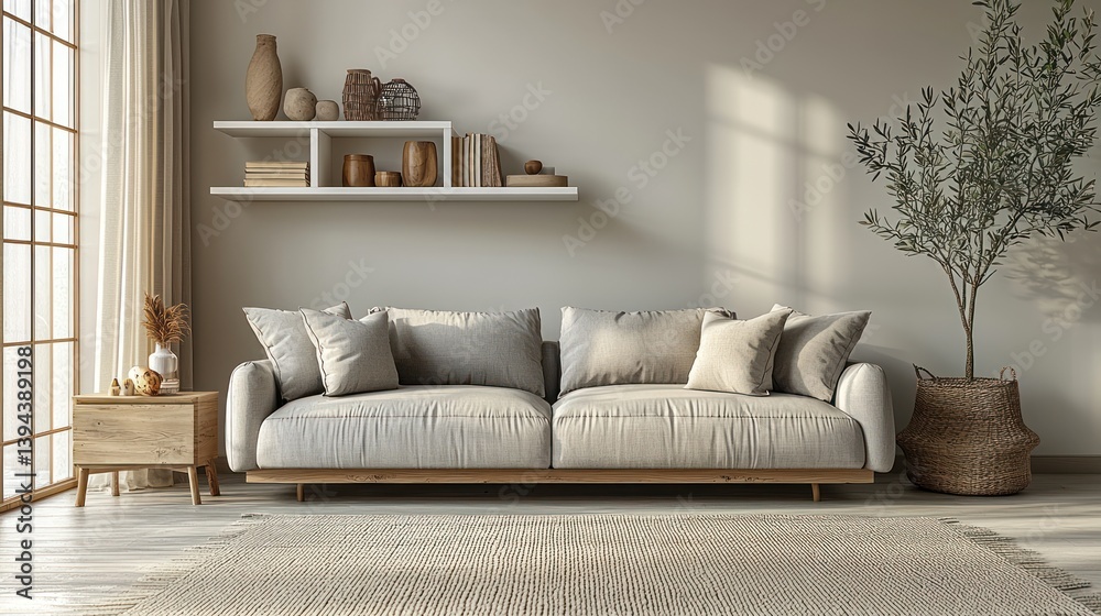 Modern, minimalist living room with a light beige sofa, wooden ...