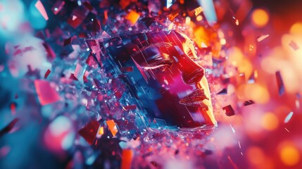 Poster - A vibrant, abstract depiction of a fragmented human face surrounded by colorful shards and glowing particles, suggesting themes of technology and transformation.
