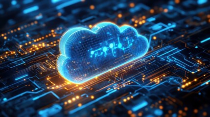 Poster - A glowing cloud icon surrounded by intricate circuit patterns, symbolizing cloud computing and digital technology.