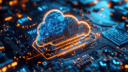 Poster - A glowing cloud symbol on a circuit board background, representing cloud computing and digital technology.