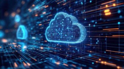 Poster - A digital cloud computing visualization with glowing lines and nodes, representing data flow and connectivity in a futuristic network.