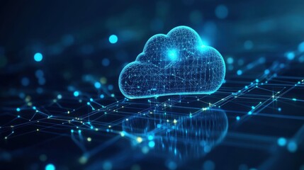 Poster - A digital representation of a cloud symbolizing cloud computing, surrounded by glowing data lines and nodes, reflecting modern technology and connectivity.