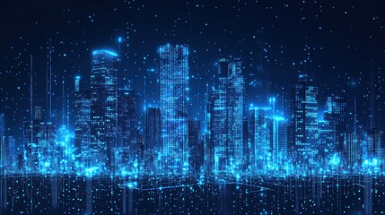 Poster - A futuristic cityscape illuminated by blue lights, featuring towering skyscrapers and a digital aesthetic, creating a mesmerizing urban atmosphere.