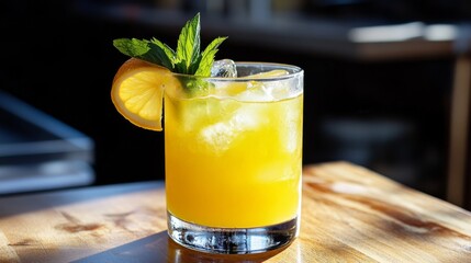 Poster - A refreshing glass of iced lemonade filled with bright yellow liquid and ice cubes, garnished with a lemon slice and mint leaves, sitting on a wooden table.