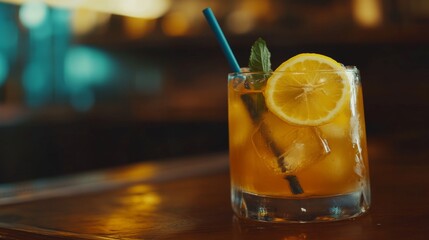 Poster - A refreshing glass of iced lemonade filled with bright yellow liquid and ice cubes, garnished with a lemon slice and mint leaves, sitting on a wooden table.