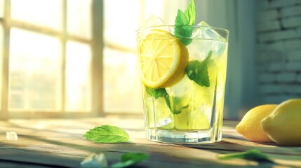 Poster - A refreshing glass of iced lemonade filled with bright yellow liquid and ice cubes, garnished with a lemon slice and mint leaves, sitting on a wooden table.
