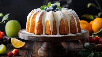 Poster - A rustic bundt cake drizzled with icing and sprinkled with powdered sugar, displayed on a wooden cake stand with fresh fruits in the background.