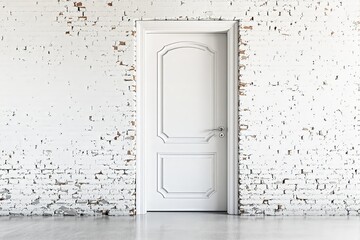Poster - Elegant white door in textured white brick wall background.