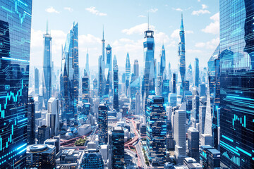 Aufkleber - Futuristic cityscape with skyscrapers and digital holograms.