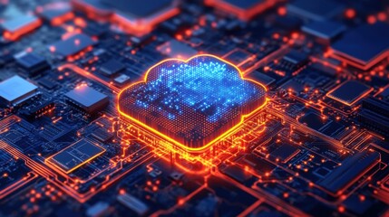 Poster - A vibrant digital representation of cloud computing, showcasing intricate circuits and glowing elements on a circuit board.