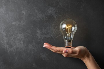 Poster - Hand holding glowing light bulb on dark textured background.