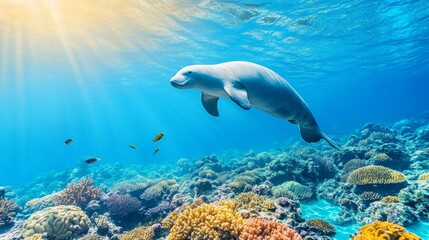 Poster - A serene image of a dugong swimming alongside a vibrant coral reef, with various marine creatures cohabiting, showcasing the beauty of underwater life.