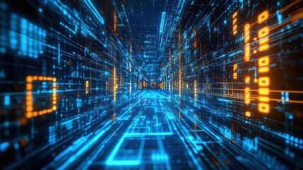 Poster - A digital tunnel of glowing blue and orange lines, representing a futuristic data stream or virtual reality environment.