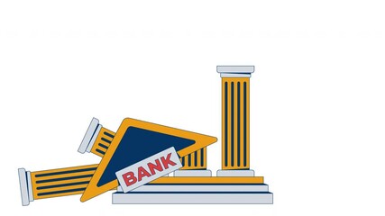 Poster - Collapsing bank structure with tilted sign, broken pillars 2D cartoon object animation. Economic failure. Falling institution architecture animated flat colorful item 4K video isolated on white