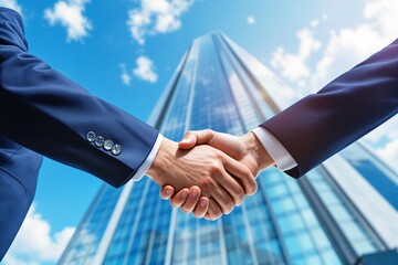 Aufkleber - Business handshake in front of a modern skyscraper under a bright blue sky.