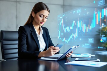 Aufkleber - Businesswoman analyzing financial market data in modern office.