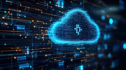 Poster - A digital cloud symbol surrounded by vibrant blue and orange circuitry, representing data storage and connectivity in technology.