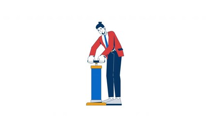 Poster - Businessman inflating with air pump 2D character animation. Productivity push. Business metaphor. Professional man pumping action animated person cartoon 4K video isolated on white transparent