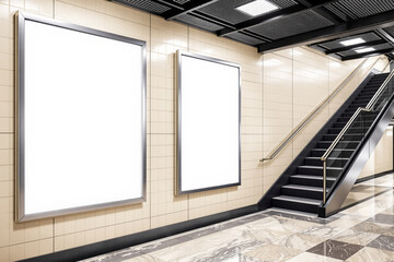 Aufkleber - Blank advertising billboards mockup in subway station with tiled walls and staircase.