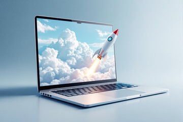 Poster - Laptop with a rocket launching from its screen, symbolizing startup growth and innovation.