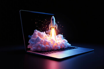 Poster - Rocket launching from a laptop keyboard with glowing light and smoke on a dark background.