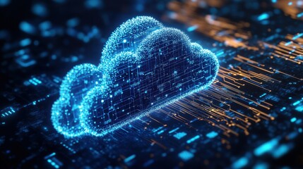 Poster - A digital illustration of a glowing cloud, symbolizing cloud computing, set against a backdrop of interconnected circuits.