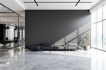 Poster - Modern office lounge with black sofa and glass walls.