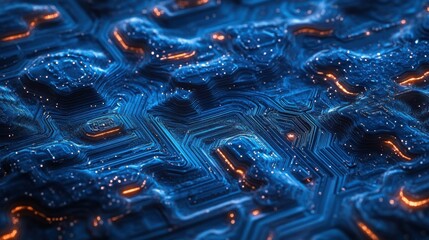Poster - A close-up view of a circuit board featuring intricate patterns and glowing elements, showcasing a blend of technology and design.
