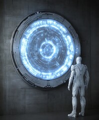 Poster - A futuristic figure contemplating a glowing circular portal on the wall