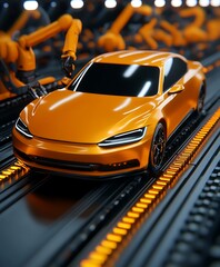 Poster - A sleek new orange sports car progresses through an automated factory
