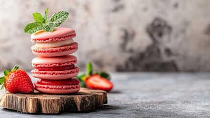 Poster - A stack of strawberry macarons with a soft pink hue, placed on a vintage wooden board, with fresh strawberries and mint leaves in the background.