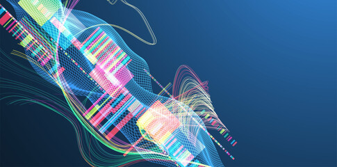 Poster - Abstract data waveform background with dynamic lines, grids, and color bars. Vector illustration.