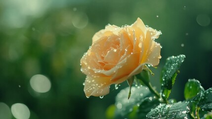 Aufkleber - A stunning image of a blooming rose with droplets of water clinging to its velvety petals, set against a soft-focus green background for a romantic effect.